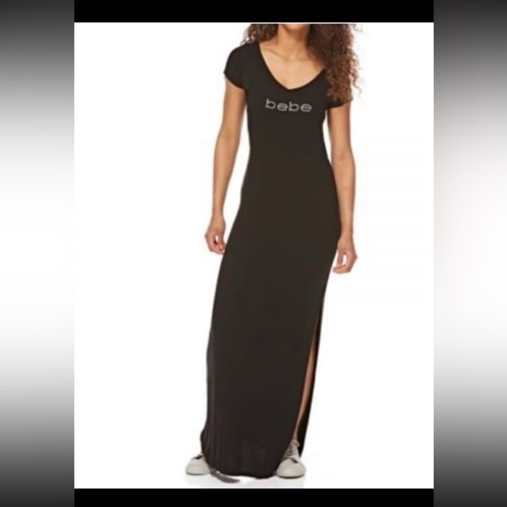 bebe Black Short Sleeve Maxi Dress with Rhinestone Logo • Sz.18/20 - Picture 10 of 12